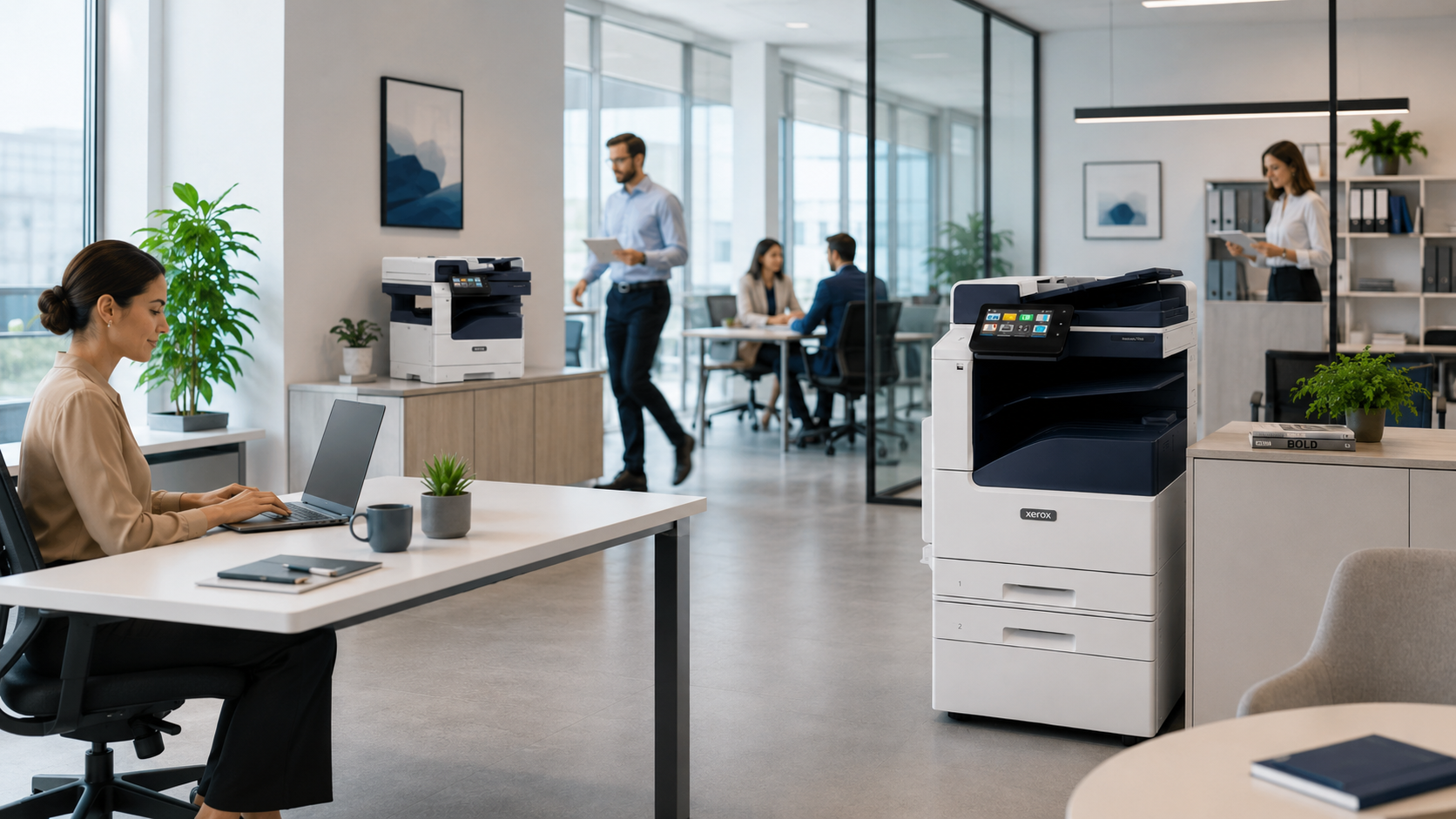Oficina con equipo multifunción Xerox en entorno profesional